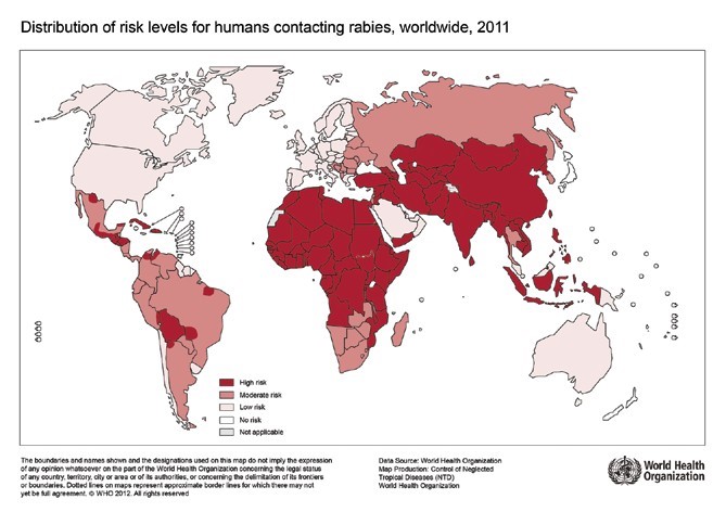 Figure 1. WHO map – Distribution of Risk levels for humans contacting rabies, worldwide, 2011