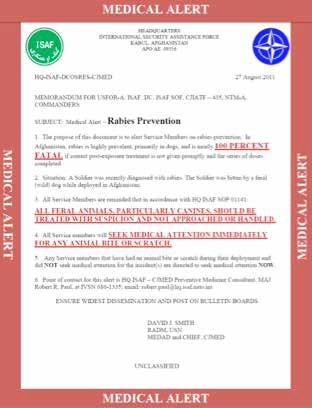 Figure 2. ISAF Medical Alert on Prevention of rabies